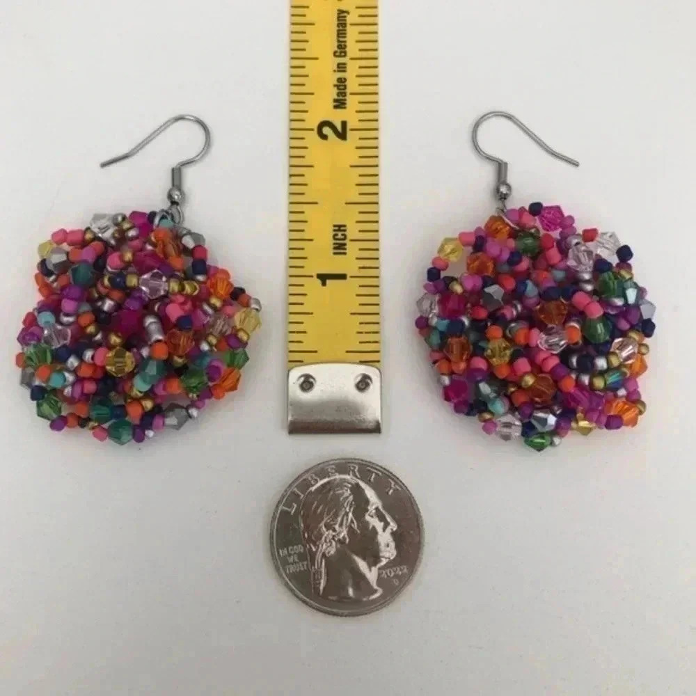 Multicolor Rainbow Flower Seed Bead Handmade Drop Earrings - Picture 4 of 4